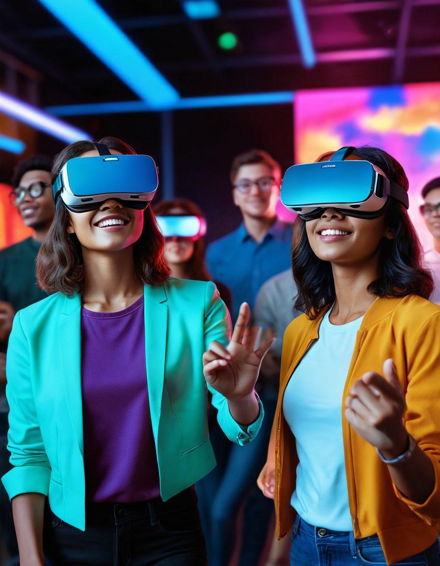 A vibrant scene depicting diverse individuals engaging with immersive virtual reality headsets, surrounded by colorful holograms and interactive media displays. Emphasize expressions of joy and connection as their avatars merge into real-life forms, symbolizing intimacy. Include a cozy, modern setting with soft lighting, showcasing a blend of technology and human emotion. super-realistic. vibrant colors. soft focus.