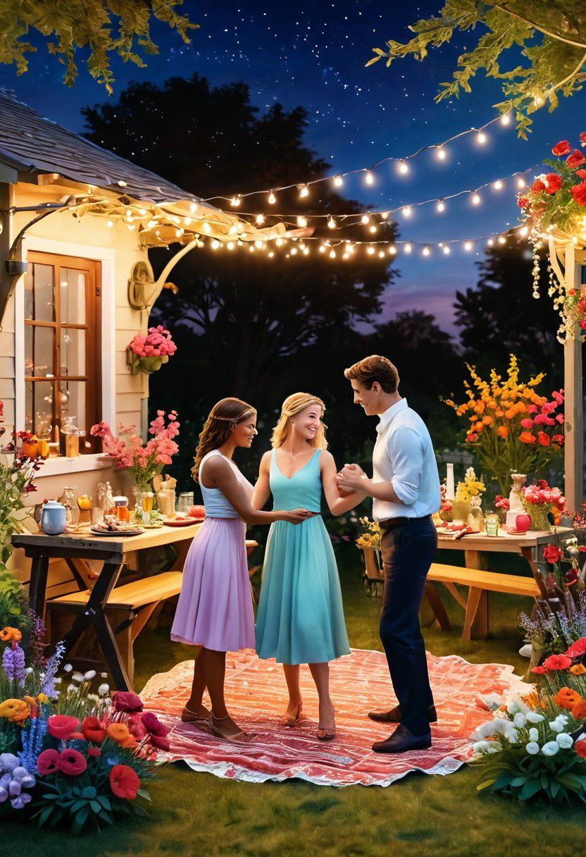 A lively, interactive digital community scene depicting couples engaging in romantic activities—dancing, sharing a picnic, and chatting—surrounded by vibrant flowers and twinkling fairy lights. Show diverse couples of different backgrounds, evoking passion and connection, with an inviting 360-degree perspective. Enhanced with warm colors and a dreamy atmosphere. vibrant colors. 3D.